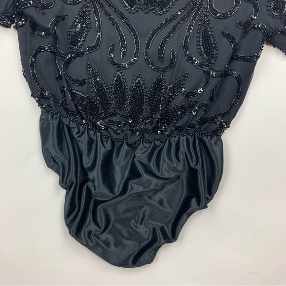 Vintage A.J. Bari Black Silk Beaded Bodysuit Top Sz 8 - Picture 9 of 9